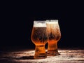 Beer. Cold Craft light Beer in a glass with water drops on the wooden table over the black background Royalty Free Stock Photo