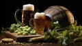 Beer concept. Wooden Barrel and two mugs with beer and fresh hop with ears of wheat isolated on black background. Traditions of