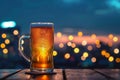 Beer delight glass on wooden table, vibrant city lights backdrop