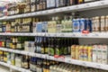 Beer of different brands in bottles and cans on the shelves in the supermarket. Large selection of alcoholic beverages. Blurred Royalty Free Stock Photo