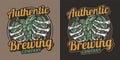 Beer emblem with hop in bone hands. Skeleton with hop for brewery or bar. Craft beer vector logo for design label of