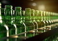 Beer factory conveyor with green glass bottles on modern production line.Macro.AI Generative