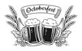 Beer festival advertisement poster Oktoberfest wheat ear hop banner background monochrome engraving