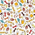 Beer festival. Cartoon hand drawn seamless pattern. Linear vector doodle on white background. Beer Mug, glass, Bavarian Royalty Free Stock Photo