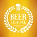 Beer festival logo with text, laurel wreath and glass. Oktoberfest vector background.