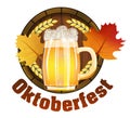 Beer Festival Oktoberfest in Germany emblem for poster or banner with with fresh lager beer, barrel and maple leafs. Vector