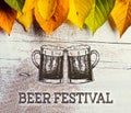 Beer festival sign with beer mugs and colorful leaves