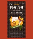 Beer festival vertical banner template design. Design with glass of beer, pretzel and fork with sausage, wheat and