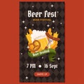 Beer festival vertical social media stories template. Design with glass of beer, pretzel and fork with sausage, wheat