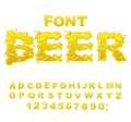 Beer font. Yellow liquid ABC. Flowable typography. Alcoholic alp