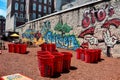 Sto`s Beer Garden in Old City Philadelphia with picnic tables and games Royalty Free Stock Photo