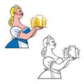 Beer girl carries mugs on a tray - illustration for Oktoberfest poster or greeting card. Isolated.