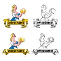 Beer girl carries mugs on a tray - Oktoberfest text banner, ribbon. Illustration for poster or greeting card. Isolated. Royalty Free Stock Photo