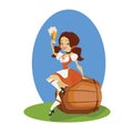 Beer girl in dirndl on keg with pretzel pinup