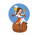 Beer girl in dirndl on keg with pretzel pinup