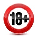 Age limit sign or icon in red. 18 plus years. Vector isolated on white background.