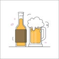 Beer glass and bottle. Craft beer icon flat line design