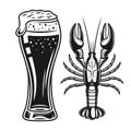 Beer glass and crayfish vector black objects