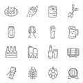 Beer, glass cup, mug, barrel thin line icons set isolated on white. Alcoholic drink, bottle.