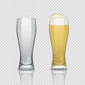 Beer glass cups. Empty transparent mug and full mug, realistic 3D beer pint. Vector tall drink glass on transparent Royalty Free Stock Photo