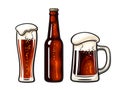Beer glass, dark bottle and big mug with foam and bubbles. Vector illustration isolated on white background