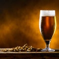 Beer glass with dark cold beer with bubble froth and peanuts on Royalty Free Stock Photo