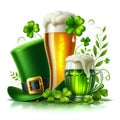 beer glass, green clover leaves and Patrick green hat with beer splash isolated on white background Royalty Free Stock Photo