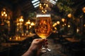 A Beer Glass Held In Hand Against A Rustic Backdrop. Generative AI Royalty Free Stock Photo
