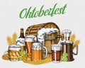 Beer glass, mug or bottle of oktoberfest. engraved in ink hand drawn in old sketch and vintage style for web, invitation Royalty Free Stock Photo