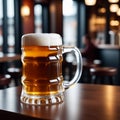 Beer Glass Mug With Handle With Light Yellow Beer With Foam. Beer on the table in a cafe, bokeh effect, tilt-shift photo