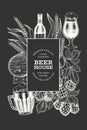 Beer glass mug and hop design template. Hand drawn vector pub beverage illustration on chalk board. Engraved style. Retro brewery