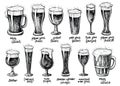 Beer glass and mugs types. Vector hand drawn vintage illustrations.