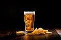 Beer glass and potato chips on wood table with dark background. AI generated Royalty Free Stock Photo