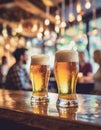 Beer glasses on the bar in crowded pub interior Royalty Free Stock Photo