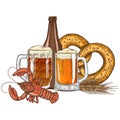 Beer glasses, bottle and crayfish