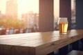 Beer glasses over wooden table with big copy space for advertisement illustration. Generative ai Royalty Free Stock Photo