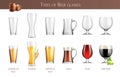 Beer glasses realistic infographics with various types of empty and full beer glasses with text captions vector