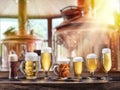 Beer glasses on wooden table and copper brewing cask at the background Royalty Free Stock Photo