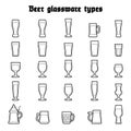 Beer glassware set. Various types of beer filled glasses and mugs. Black outline icones on white background, isolated. Royalty Free Stock Photo