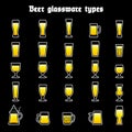 Beer glassware set. Various types of beer filled glasses and mugs. Color icones on black background, isolated. Royalty Free Stock Photo