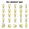 Beer glassware set. Various types of beer filled glasses and mugs. Color icones on white background, isolated. Royalty Free Stock Photo