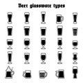 Beer glassware set. Various types of beer filled glasses and mugs. White and black icones, isolated. Royalty Free Stock Photo