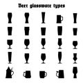Beer glassware set. Various types of beer glasses and mugs. Black silhouettes on white background, isolated. Royalty Free Stock Photo