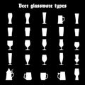 Beer glassware set. Various types of beer glasses and mugs. White silhouettes on black background, isolated. Royalty Free Stock Photo