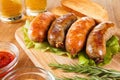 Beer and grilled sausage. Oktoberfest traditional menu.