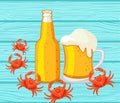 Beer and hardshell crabs. Vector illustration.