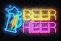 Beer Here Neon Sign on a Dark Brick Wall Royalty Free Stock Photo