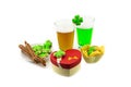 Beer with high foam green lager with snacks meat sticks gift box. St.Patrick `s Day