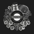 Beer and hop design template. Hand drawn vector brewery illustration on chalk board. Engraved style. Retro brewing illustration