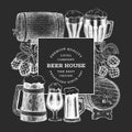 Beer and hop design template. Hand drawn vector brewery illustration on chalk board. Engraved style. Retro brewing illustration